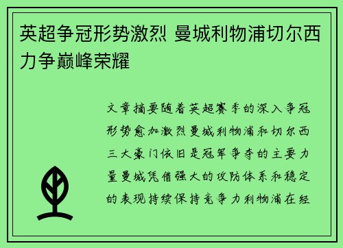 英超争冠形势激烈 曼城利物浦切尔西力争巅峰荣耀