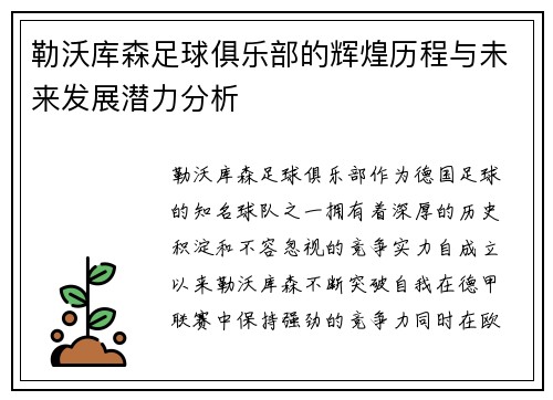 勒沃库森足球俱乐部的辉煌历程与未来发展潜力分析