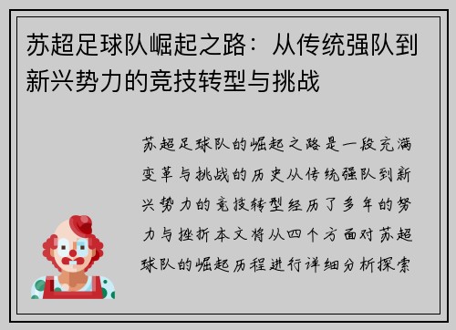 苏超足球队崛起之路：从传统强队到新兴势力的竞技转型与挑战