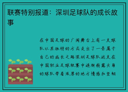 联赛特别报道：深圳足球队的成长故事