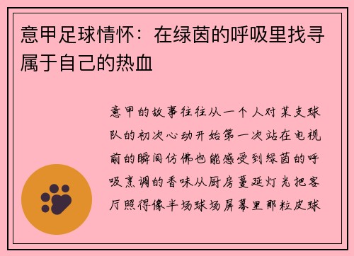 意甲足球情怀：在绿茵的呼吸里找寻属于自己的热血